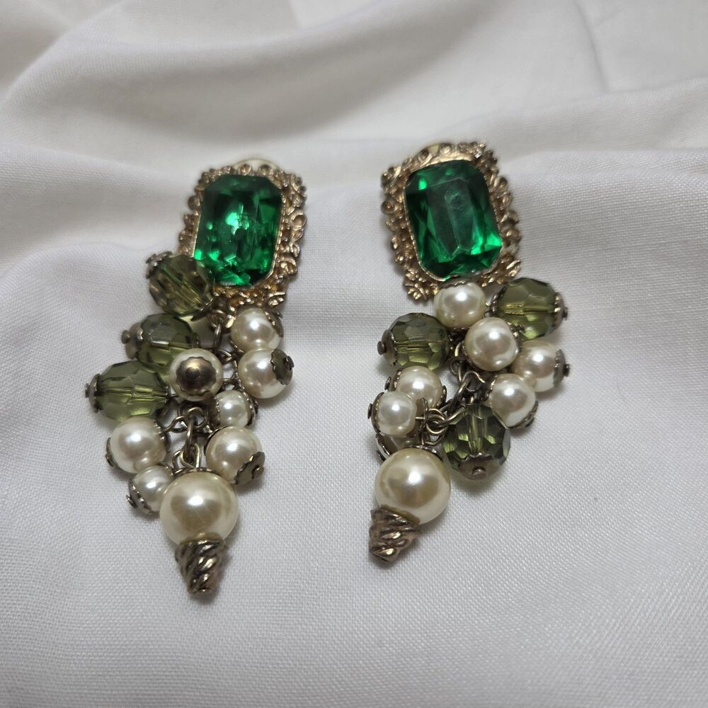 Vintage Emerald Green & Faux Pearl Cluster Statement Earrings